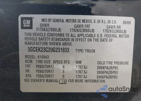 2009 Chevrolet Silverado 1500 Lt from USA, damaged, VIN 3GCEK23C29G231833